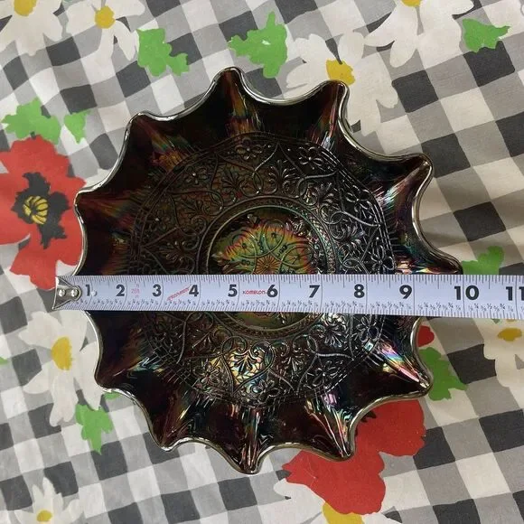 FENTON HEARTS & FLOWERS AMETHYST CARNIVAL GLASS Medallion Fruit Bowl pedestal - Picture 12 of 13